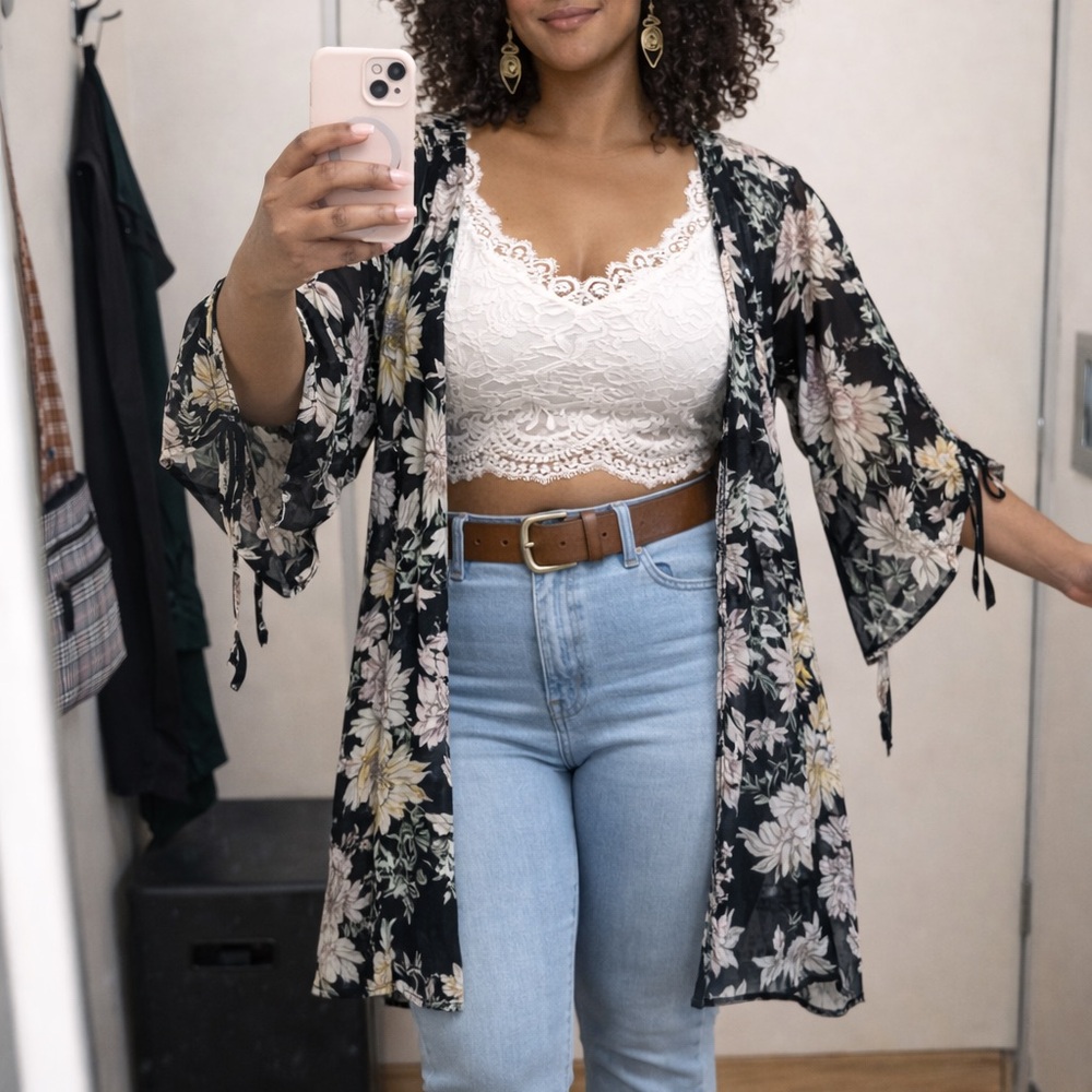 Band of Gypsies Floral Kimono Cardigan Sheer Black Boho Duster Lightweight Sz XS